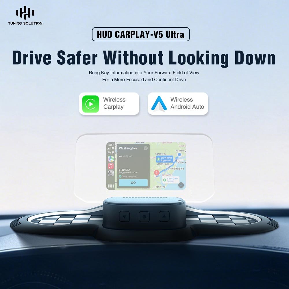 CarPlay-T300 HUD: Head-up display for Apple CarPlay – full compatibility with apps, navigation, calls and music always visible, controlled by voice.