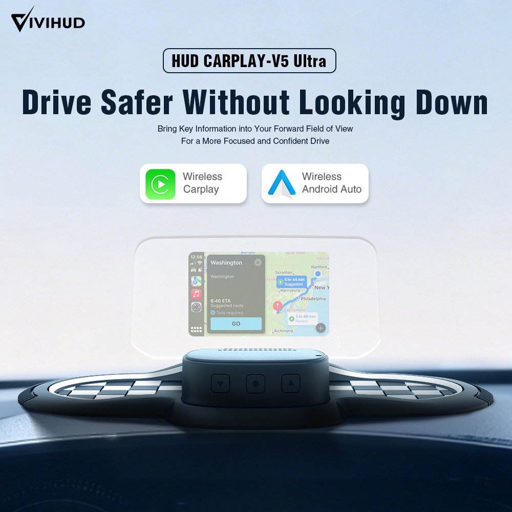 Smart HUD Supports Wireless CarPlay/Android Auto Voice & Button Remote Control Real-Time Navigation Music Playback Universal Fit for All Cars